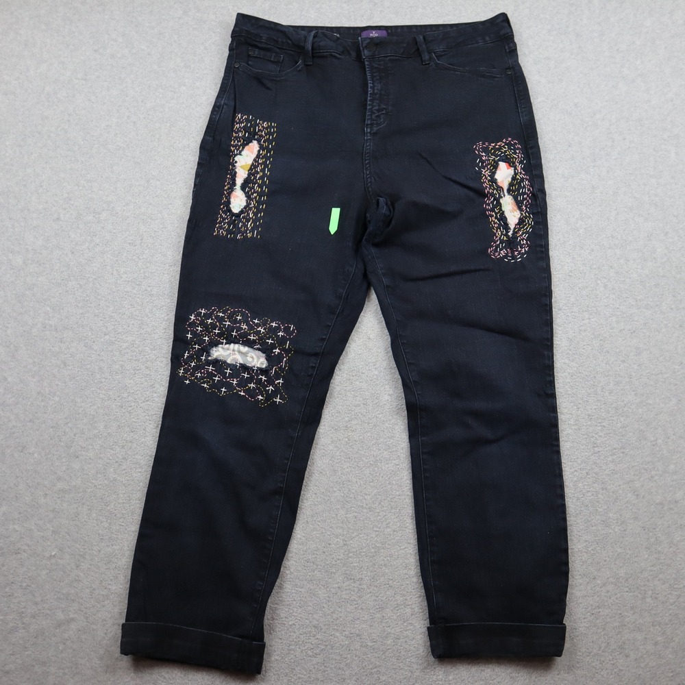NYDJ Jeans Womens 18 Straight Leg Dark Indigo Sashiko Patchwork Embroidery Denim